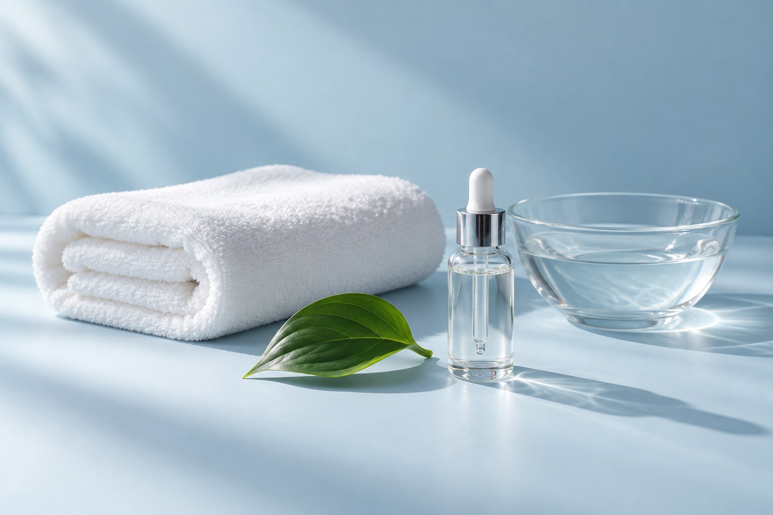 Illustrative facial-care still-life with folded towels, a clear bottle, glass bowl and leaf